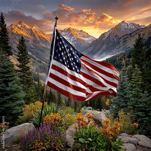 Flag of america waving at sunset high resolution picture