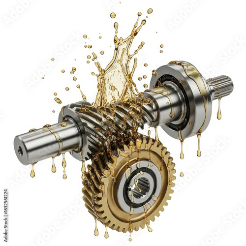 Worm gear and shaft with oil splash isolated on white background