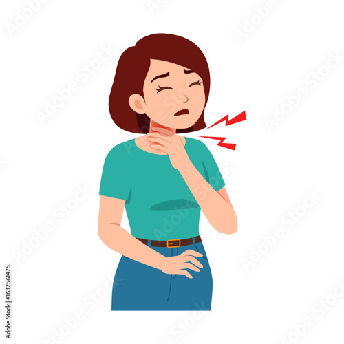 Woman Holding Her Sore Throat with Painful Expression and Redness in Neck Cartoon Illustration