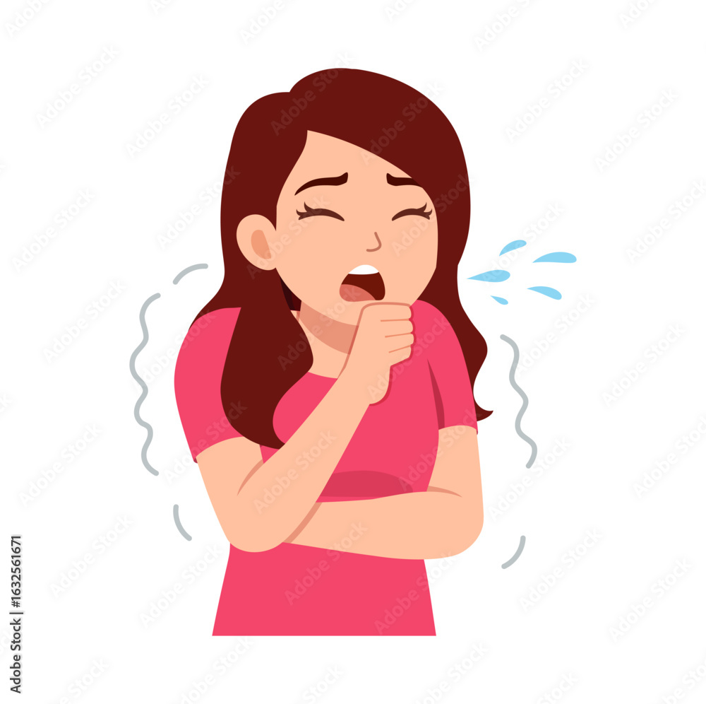 Sick woman coughing and covering mouth with hand with open mouth and brown hair Sick woman coughing and covering mouth with hand with open mouth and brown hair
