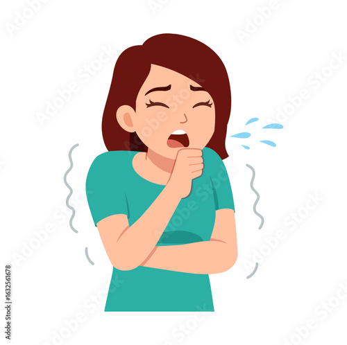 Cartoon Woman Coughing with Arm Across Chest and Sputtering Droplets Illustration