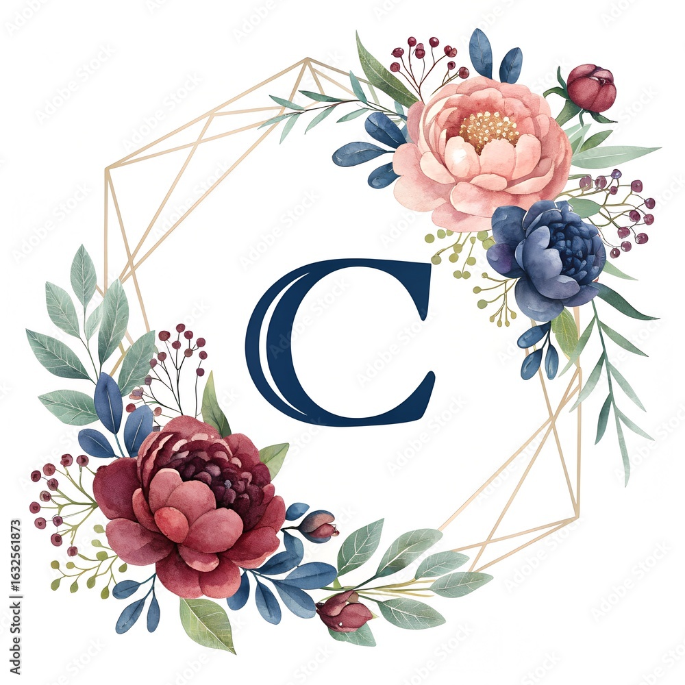 Navy letter C surrounded by floral geometric frame Navy letter C surrounded by floral geometric frame