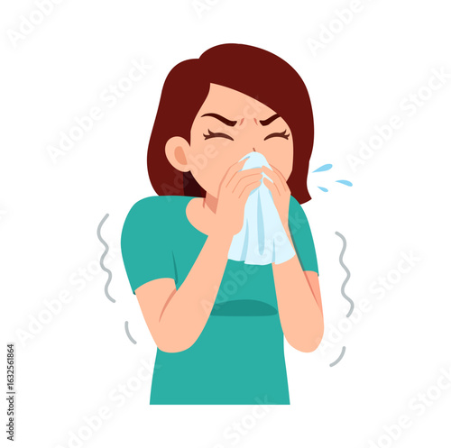 Sick Woman Blowing Her Nose with Tissue Feeling Unwell During Cold Season