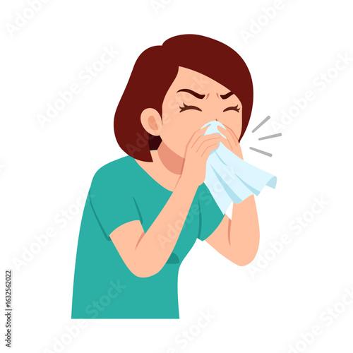 Woman Sneezing into Tissue with an Uncomfortable Expression Due to Cold or Allergies