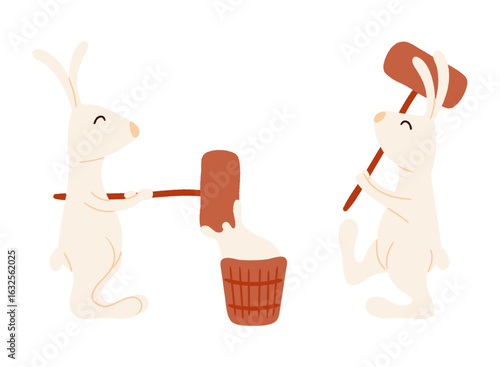 Moon rabbits pounding mochi isolated on transparent. Flat vector illustration. Cute cartoon characters. Mid Autumn Festival design element, holiday clip art, Japanese tradition, legend, fairy tale
