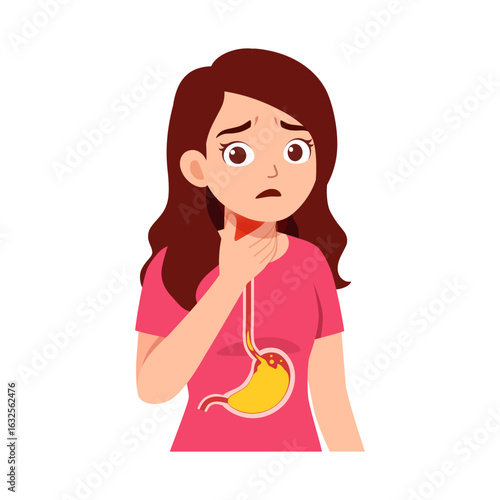 Cartoon woman experiencing heartburn or acid reflux with visible stomach discomfort