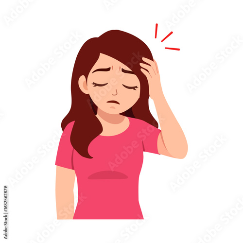 Woman with headache touching her head, with closed eyes, and feeling unwell in cartoon style