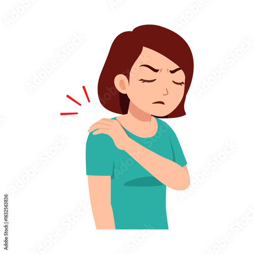 Woman experiencing shoulder pain, discomfort, or injury with a sad expression. Healthcare concept.