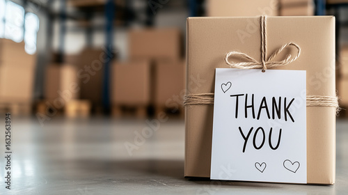 Gift box with thank you card in warehouse setting  