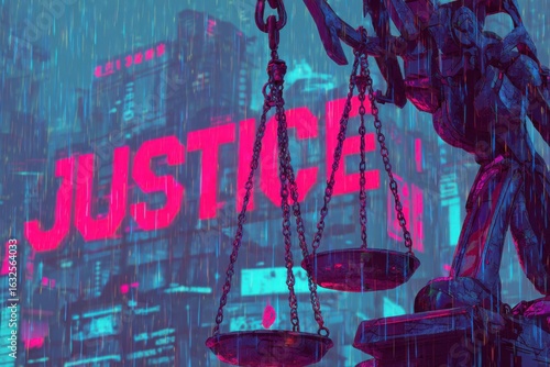 A dark, dystopian cyberpunk-style animation of a broken justice scale floating in a neon-lit city