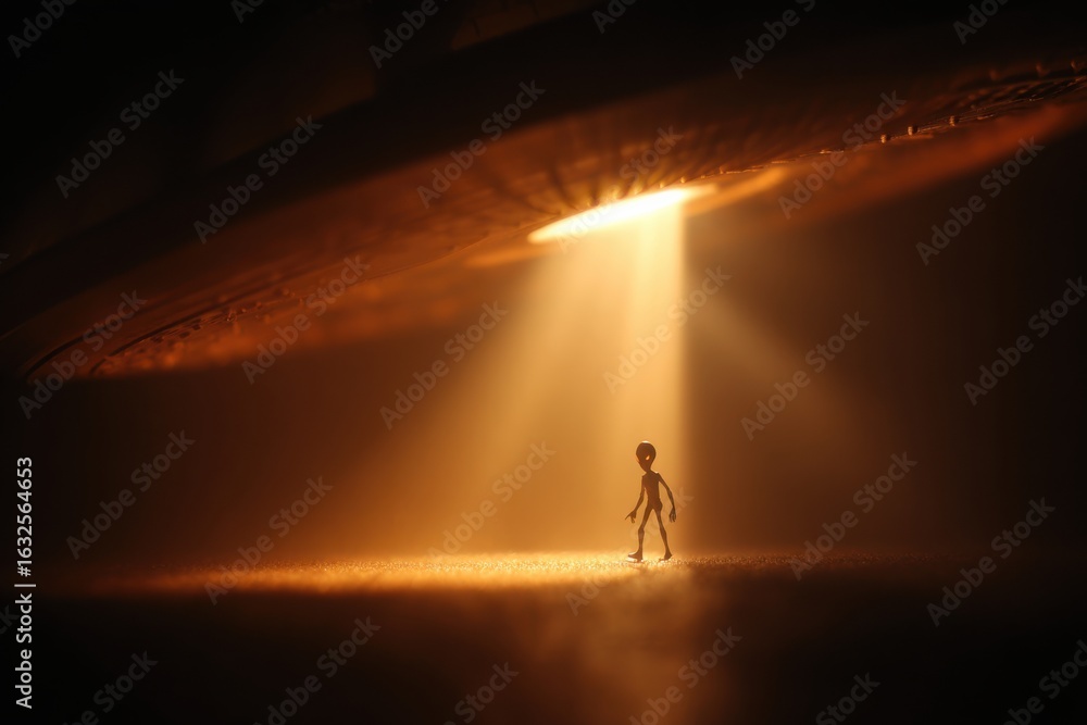 Fototapeta premium Silhouette of an Alien Under a Spaceship Beam in a Dark Environment at Night