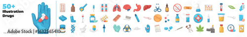 Drugs Editable illustration set. Vector illustration in modern style of drugs illustration: pill, vitamin, cocaine, etc