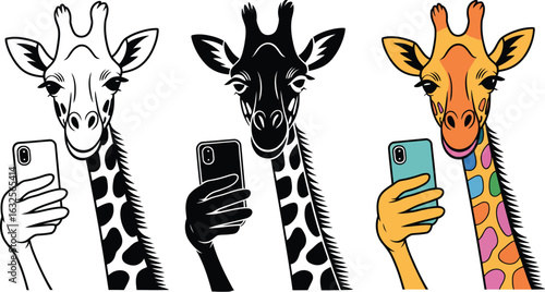 Giraffes take selfies using smartphones in fun graphic styles