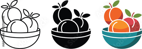 Fresh ripe peaches in bowl, icon set, healthy eating