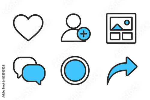 Minimal flat icon pack in black, white and blue featuring heart likes, feed preview, story highlights and group chat for dashboards, UI and social media tools.
