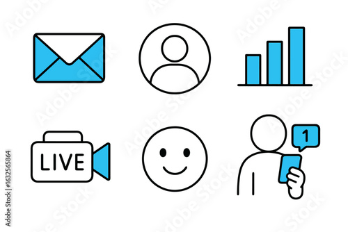 Cartoon black and blue social media icons featuring direct message, profile, poll, live stream, emoji and phone notification. Perfect for apps, dashboards and websites.