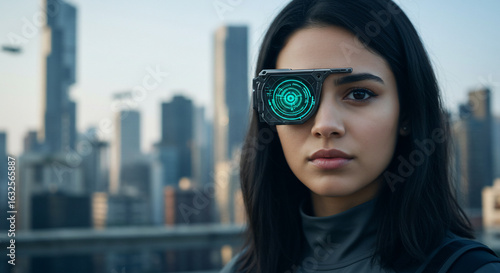 Woman with futuristic eyepiece in cityscape