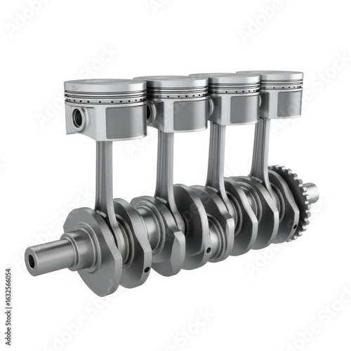 Automotive engine pistons and crankshaft isolated on white background