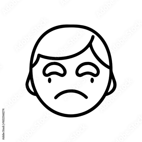 Minimalist line art of a crying face, a simple vector icon of human sadness and sorrow