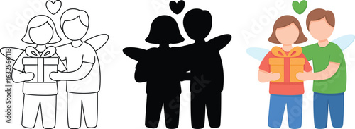 Couple sharing gift with heart and wings, love concept