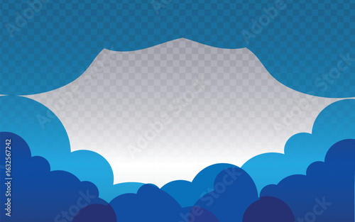 A whimsical, cartoon-style blue cloud border framing a transparent, empty central space. This vector design is ideal for website headers, children's projects, and promotional banners.