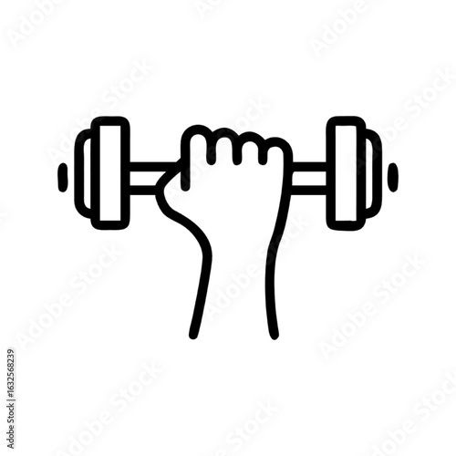 Simple line art icon of a hand holding a dumbbell for fitness and weight training.