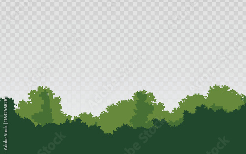 A minimalist, pixelated landscape design featuring a forest or hedge line in shades of green against a transparent background. Ideal for games, retro graphics, and website banners.