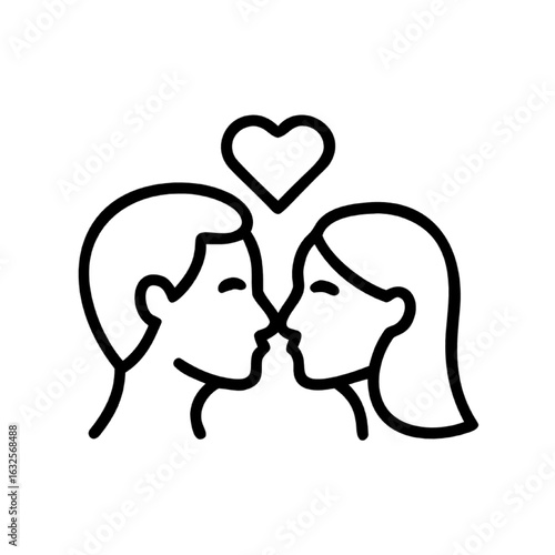 Romantic couple kissing icon with a love heart. Man and woman in a relationship, simple line art.