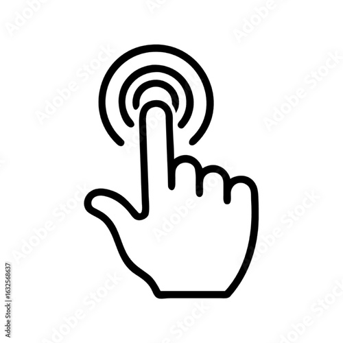 Hand pointer clicking a button icon. Vector line art of a finger tap for user interface.