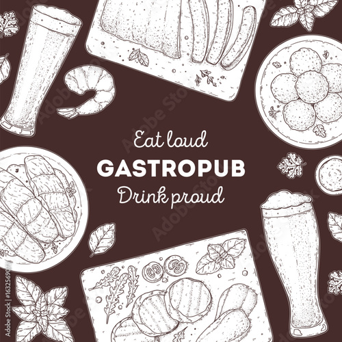 Gastropub menu. Pub food and beer. Hand drawn vector illustration. Food and drink sketch. Top view. Hand drawn food collection for gastropub or pub menu design. Beer,
