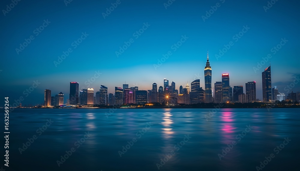 Obraz premium Futuristic city at night with blue lights a perfect birthday backdrop
