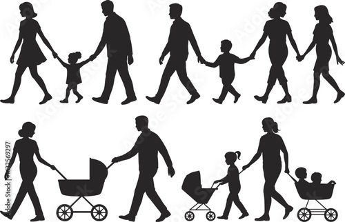 Family silhouette vector illustration set, parents with children walking together, mother and father pushing baby strollers, happy and smiling family concept isolated on white background.