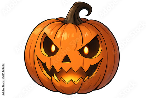 A lit halloween pumpkin, isolated against a transparent background	