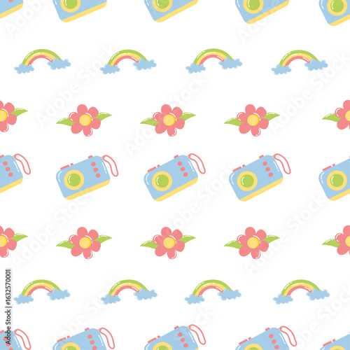 Seamless Pattern with Rainbows, Flowers, and Cameras