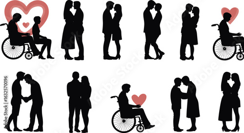 Love and couples silhouette vector illustration set, embracing man and woman, couples showing affection, disabled person with a wheelchair and love concept isolated on white background.