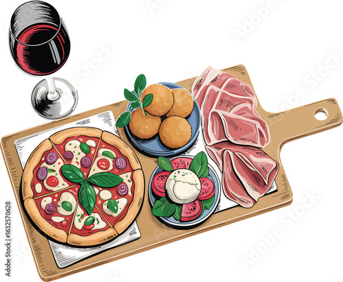 Overhead View of Delicious Italian Appetizer Platter with Pizza, Prosciutto, Caprese Salad, Arancini, and Red Wine.
