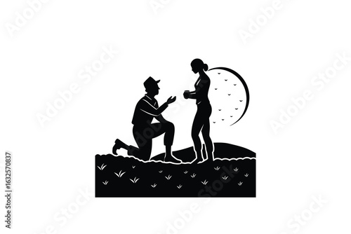 Romantic marriage proposal silhouette of a man on one knee offering a ring to a woman with a large moon behind them symbolizing love and commitment