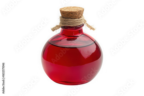 Vintage glass potion bottle filled with red liquid and cork stopper