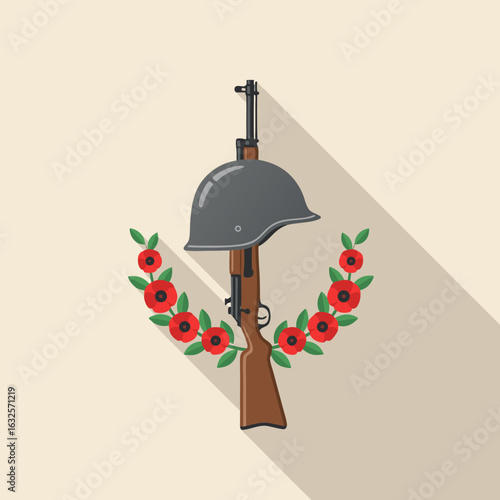 Soldier helmet and rifle with poppy wreath. Remembrance Day and Memorial Day concept. Flat design with long shadow. Vector illustration for banner, greeting card, poster