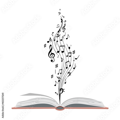Open book with musical notes flowing upwards. Сoncept of musical education, inspiration from reading. Vector illustration for poster, banner, design