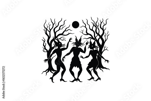 Three dancing figures with pointed hats and horns in a dark forest under a full moon a mystical and eerie scene depicted in a striking silhouette style