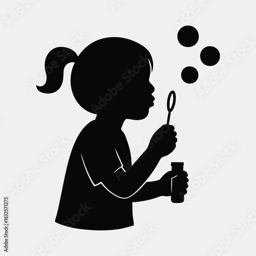 Silhouette girl blowing bubbles childhood activity vector illustration