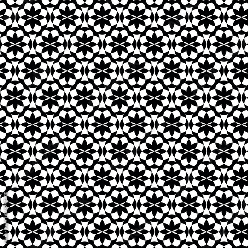 Seamless black and white geometric pattern with abstract floral and star motifs. Vector graphic background design.