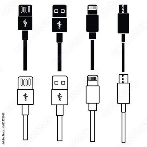 USB cable icon set. USB cable type C, B, A. USB cable line icon, cable vector. Mobile phone charging cable. Micro USB cables. Vector illustration.