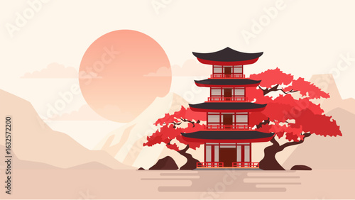 Mountain landscape with Asian pagoda, flowering trees against the backdrop of sunset shrouded in fog. Vector illustration of a beautiful landscape of a pagoda and mountains at sunset.