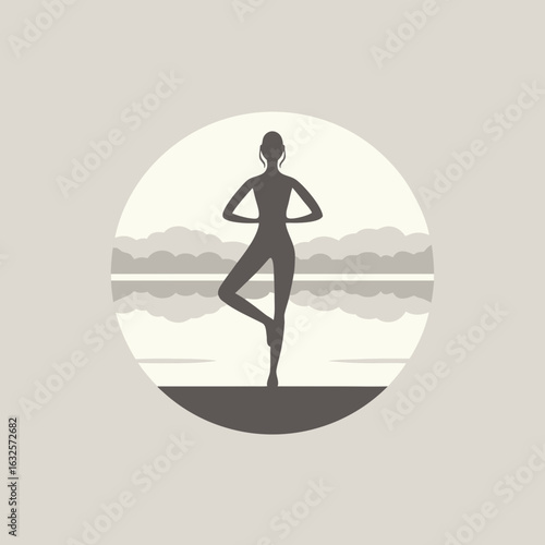 Woman tree pose yoga serene landscape silhouette vrikshasana