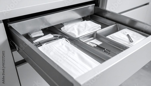 Neatly Packed Sterile Equipment In Minimalist Stainless Drawer