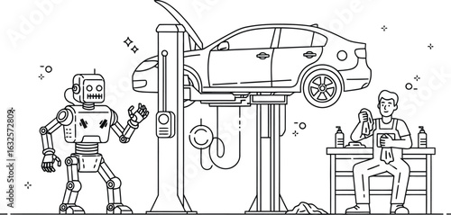Car repair shop with robot and mechanic line art illustration