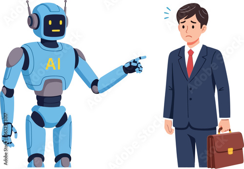 Ai robot pointing at sad businessman job loss automation fear