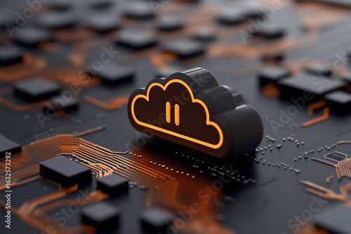 Cloud computing technology is paused, symbolized by a pause button on a cloud icon resting on a circuit board, representing a temporary halt in data processing and online services
